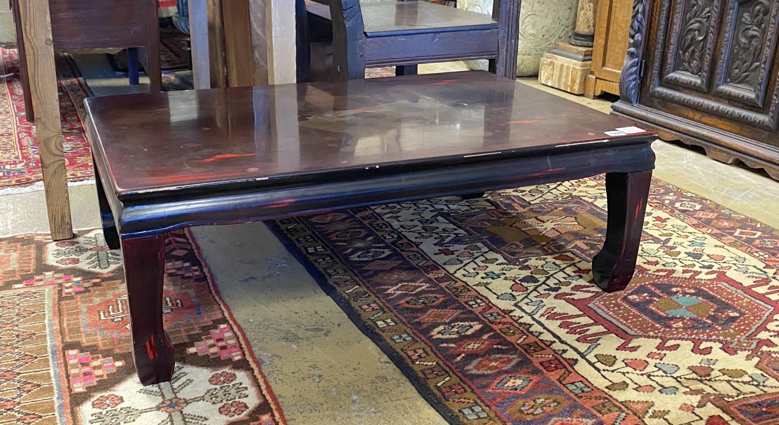 A modern Chinese rectangular low lacquered coffee / occasional table, length 90cm, depth 60cm, height 30cm